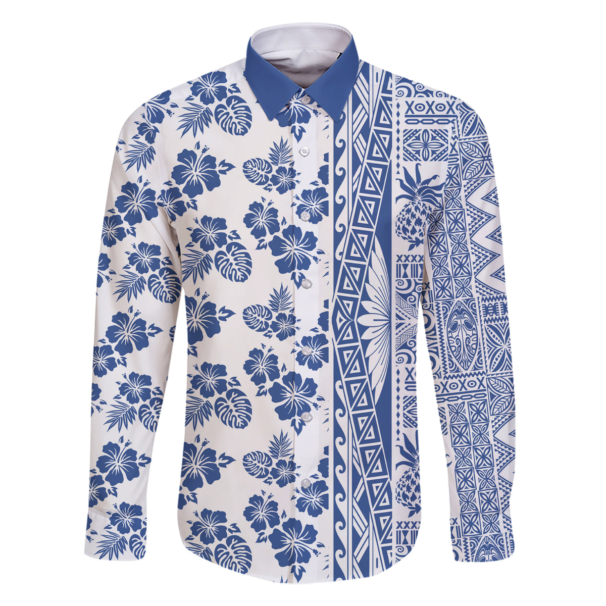 Hawaii Family Matching Short Sleeve Bodycon Dress and Hawaiian Shirt Aloha Tropical Plants Tribal Pattern Blue Version LT03 Dad's Shirt - Long Sleeve Blue - Polynesian Pride