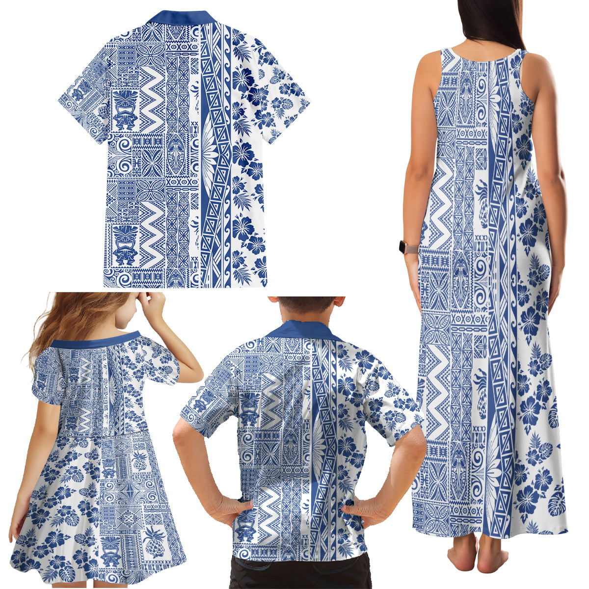 Hawaii Family Matching Tank Maxi Dress and Hawaiian Shirt Aloha Tropical Plants Tribal Pattern Blue Version LT03 - Polynesian Pride