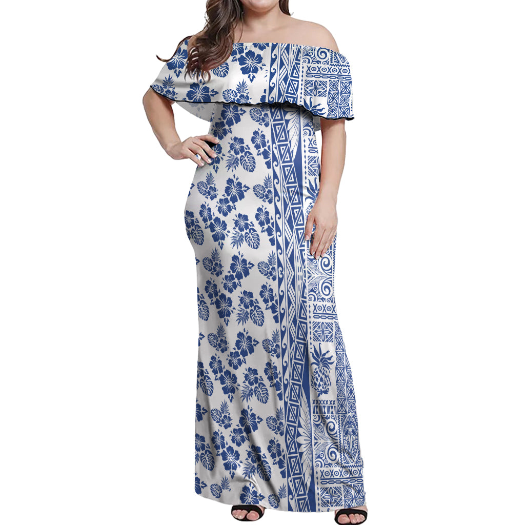 Hawaii Off Shoulder Maxi Dress Aloha Tropical Plants Tribal Pattern Blue Version LT03 Women Blue - Polynesian Pride