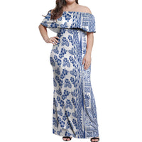 Hawaii Off Shoulder Maxi Dress Aloha Tropical Plants Tribal Pattern Blue Version LT03 Women Blue - Polynesian Pride
