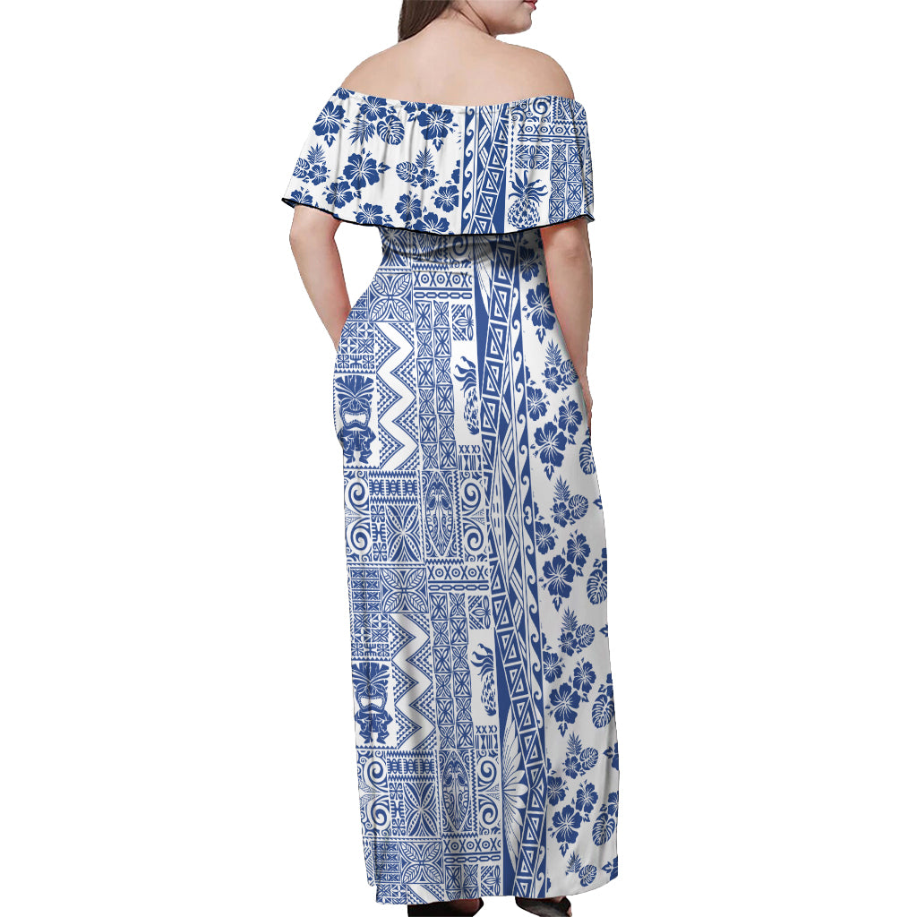 Hawaii Off Shoulder Maxi Dress Aloha Tropical Plants Tribal Pattern Blue Version LT03 - Polynesian Pride