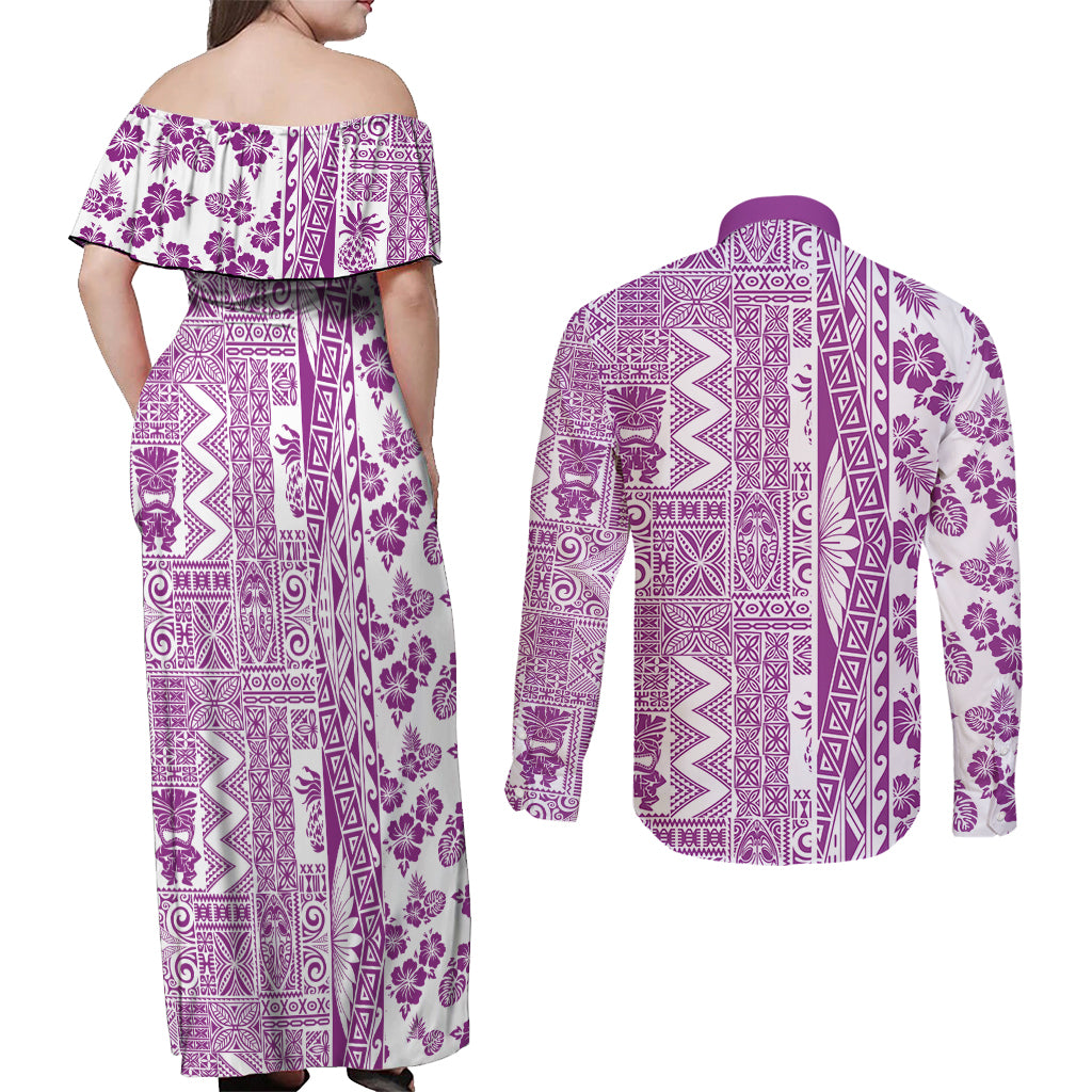 Hawaii Couples Matching Off Shoulder Maxi Dress and Long Sleeve Button Shirt Aloha Tropical Plants Tribal Pattern Pink Version LT03 - Polynesian Pride