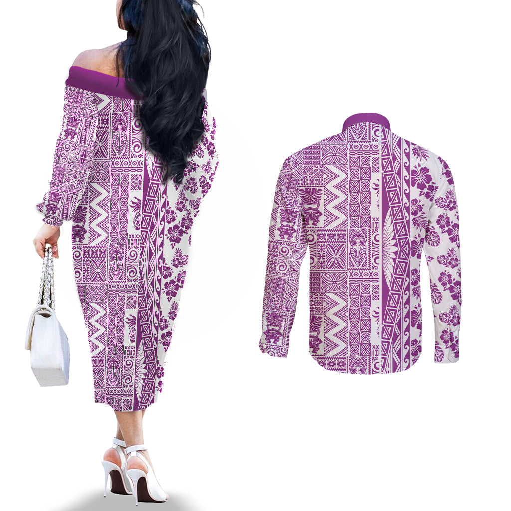 Hawaii Couples Matching Off The Shoulder Long Sleeve Dress and Long Sleeve Button Shirt Aloha Tropical Plants Tribal Pattern Pink Version LT03 - Polynesian Pride
