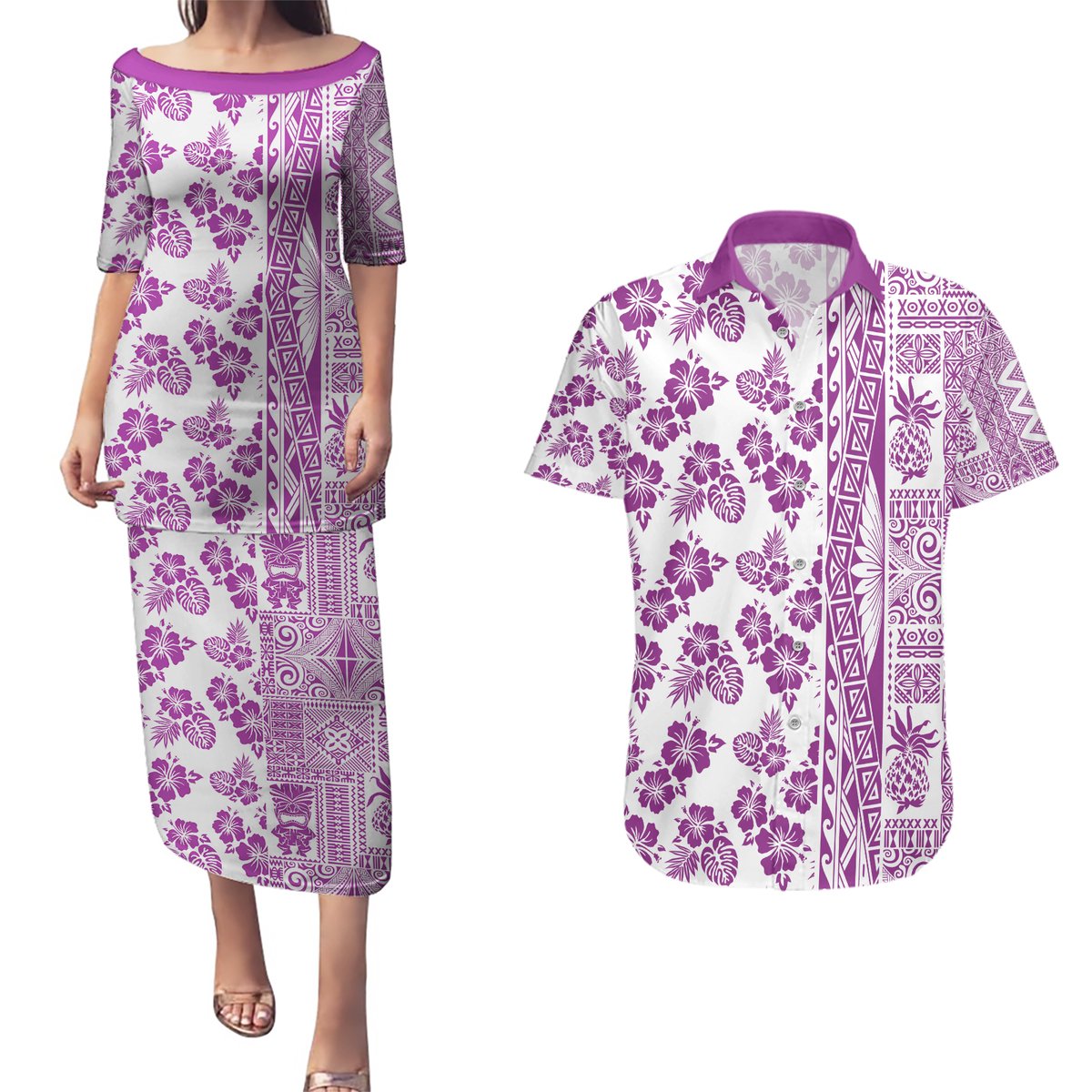Hawaii Couples Matching Puletasi Dress and Hawaiian Shirt Aloha Tropical Plants Tribal Pattern Pink Version LT03 Pink - Polynesian Pride
