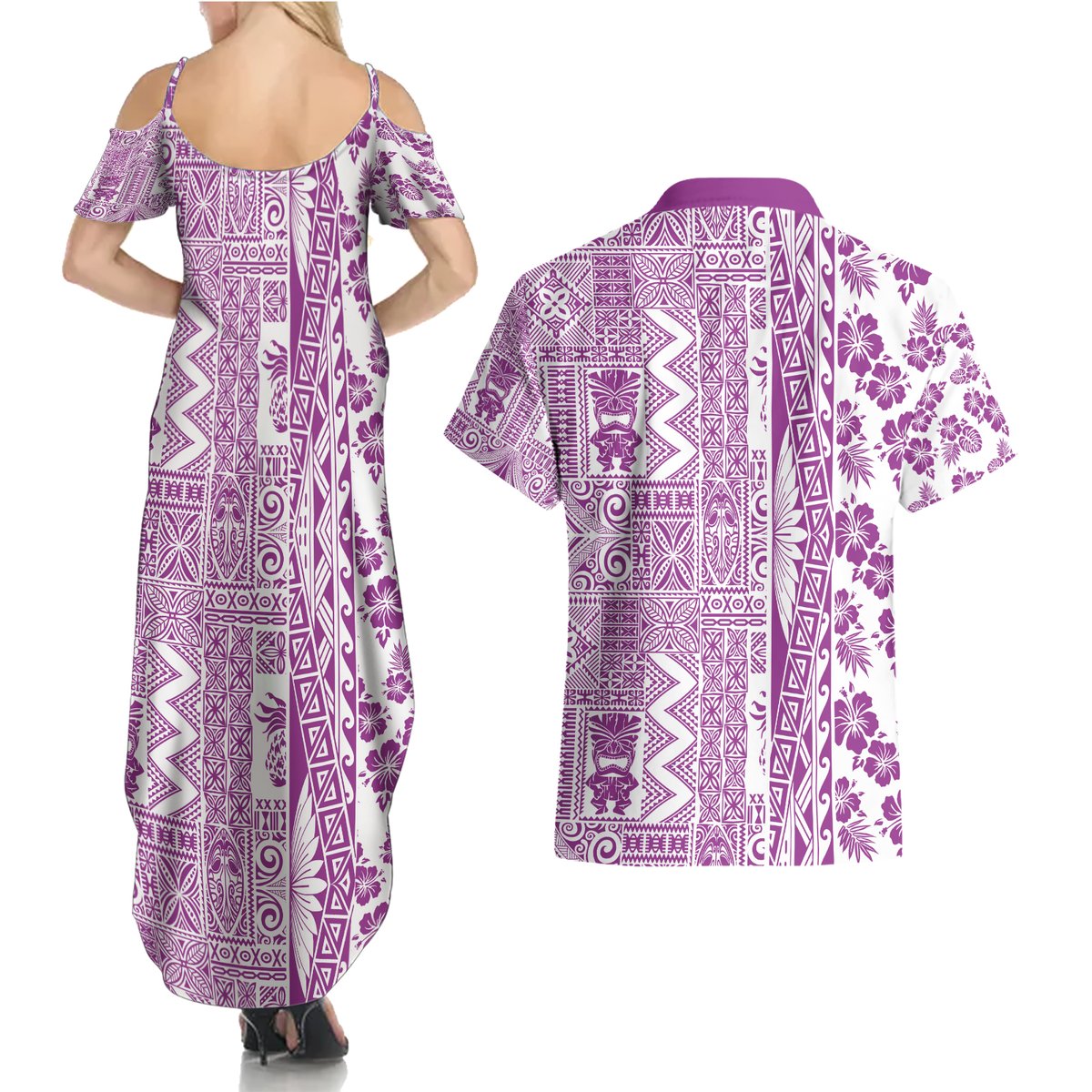 Hawaii Couples Matching Summer Maxi Dress and Hawaiian Shirt Aloha Tropical Plants Tribal Pattern Pink Version LT03 - Polynesian Pride