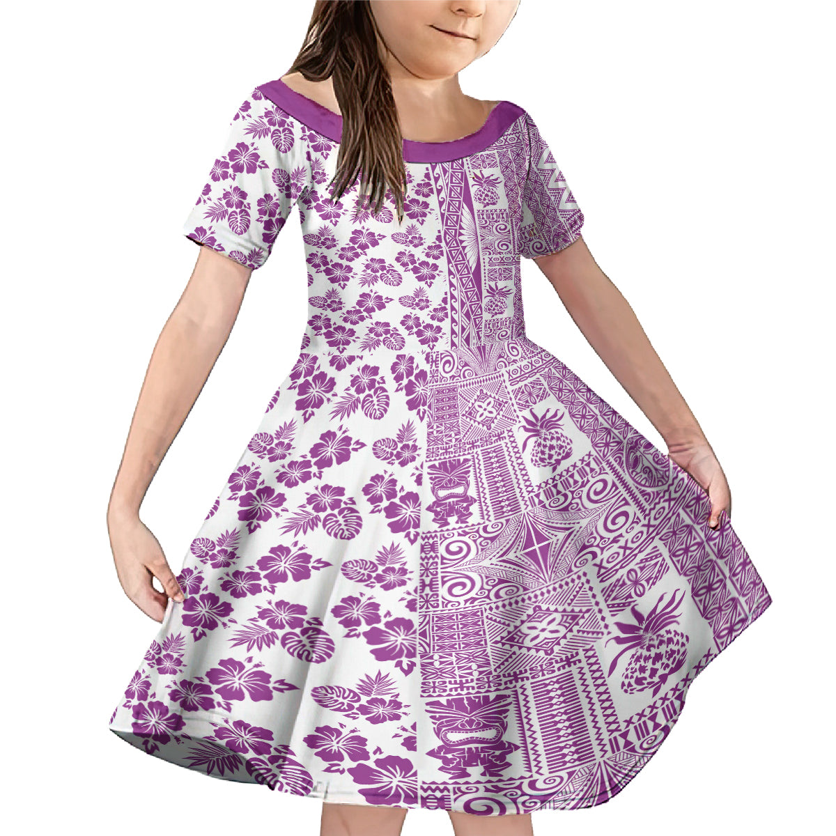 Hawaii Family Matching Mermaid Dress and Hawaiian Shirt Aloha Tropical Plants Tribal Pattern Pink Version LT03 Daughter's Dress Pink - Polynesian Pride