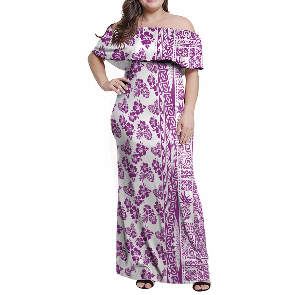 Hawaii Family Matching Off Shoulder Maxi Dress and Hawaiian Shirt Aloha Tropical Plants Tribal Pattern Pink Version LT03 Mom's Dress Pink - Polynesian Pride