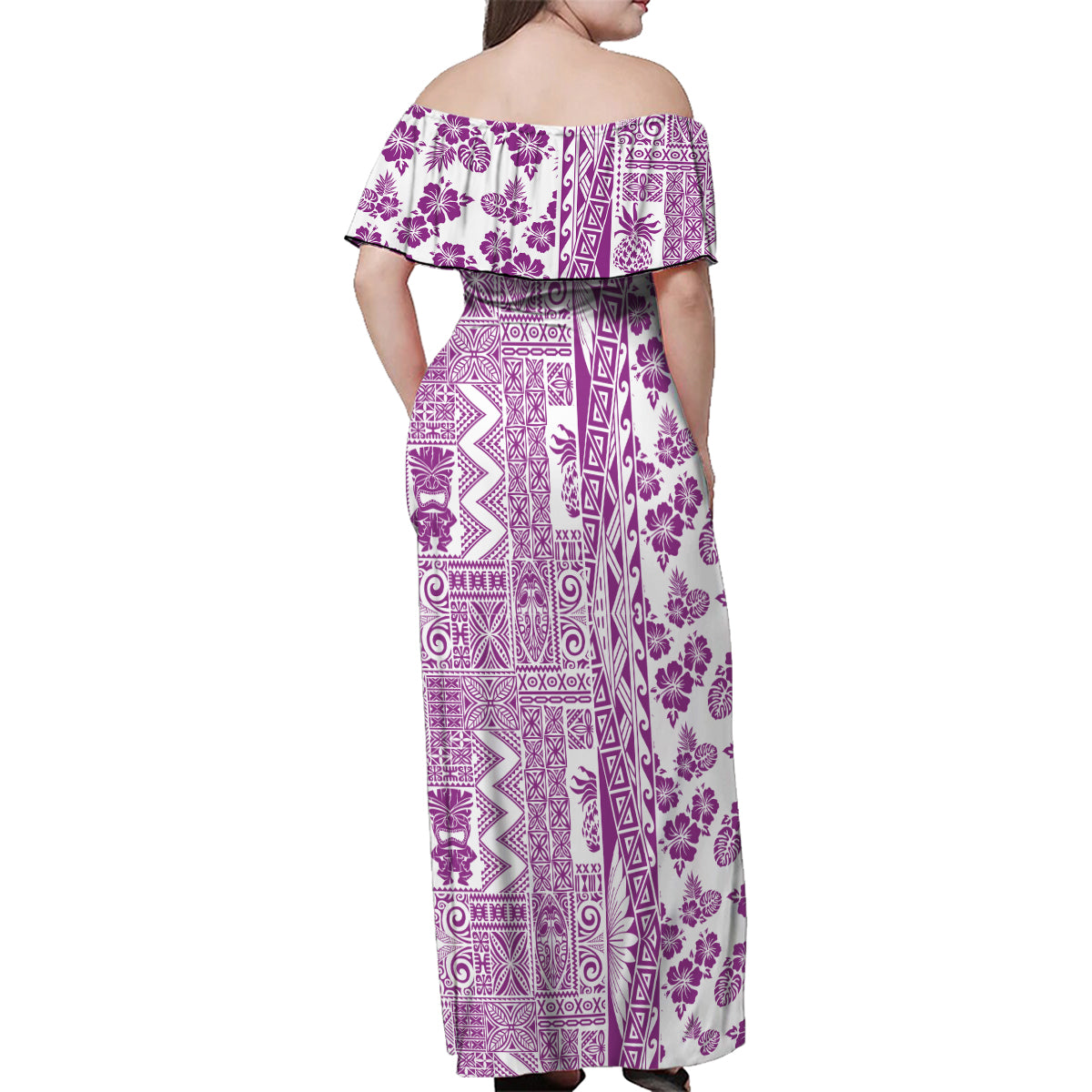 Hawaii Family Matching Off Shoulder Maxi Dress and Hawaiian Shirt Aloha Tropical Plants Tribal Pattern Pink Version LT03 - Polynesian Pride