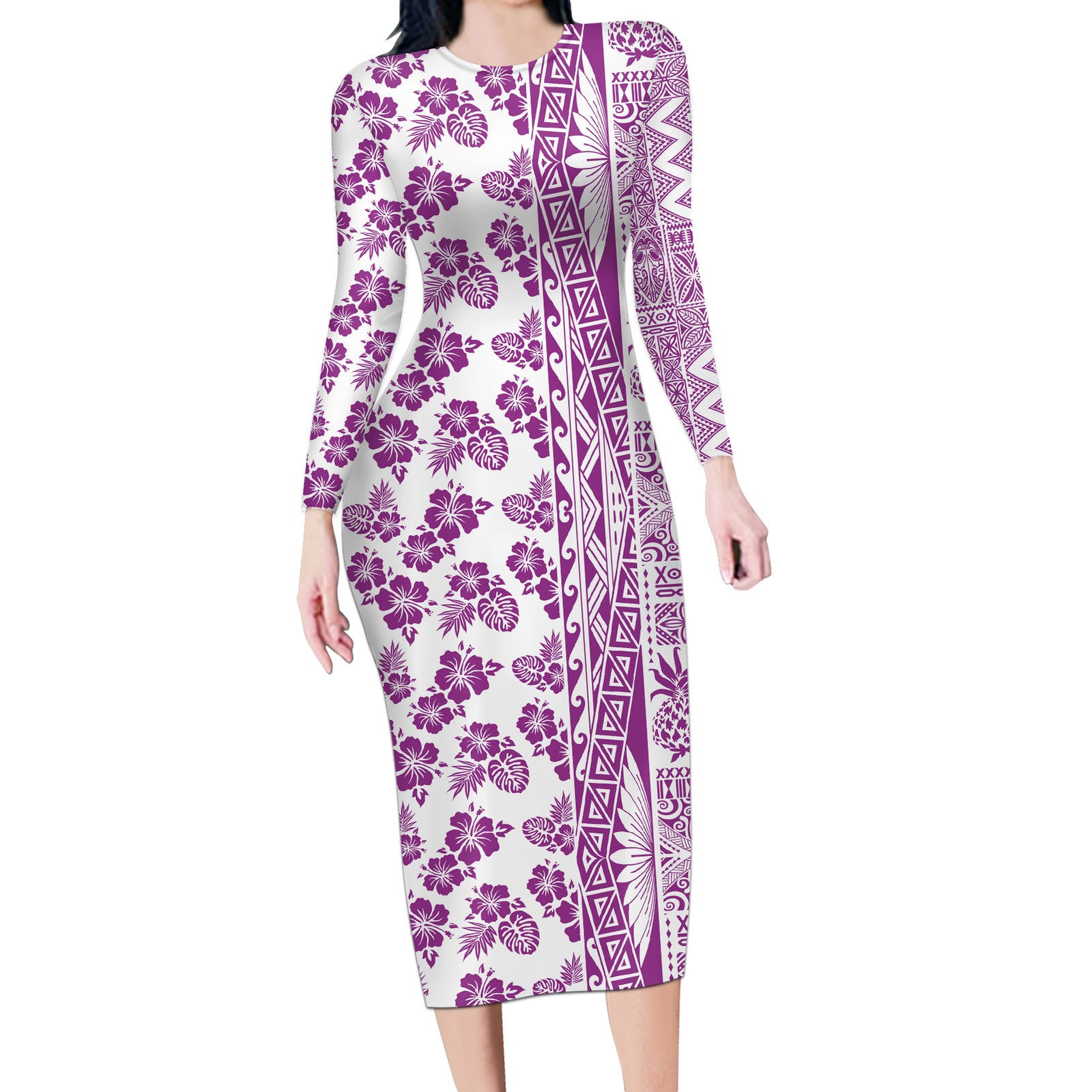 Hawaii Long Sleeve Bodycon Dress Aloha Tropical Plants Tribal Pattern Pink Version LT03 Long Dress Pink - Polynesian Pride