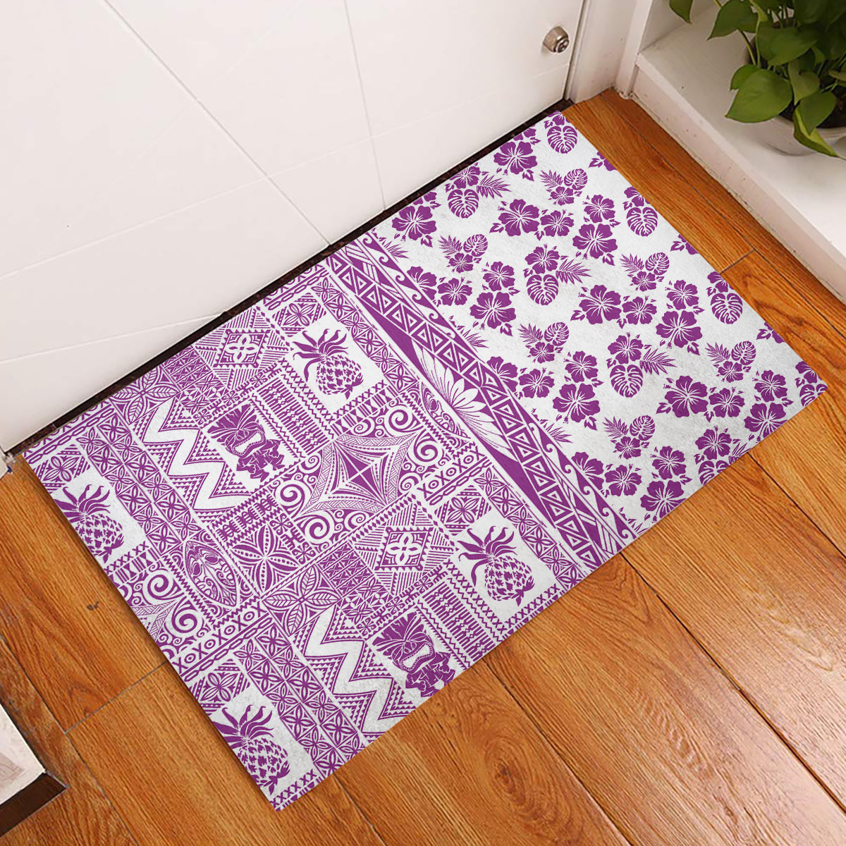 Hawaii Rubber Doormat Aloha Tropical Plants Tribal Pattern Pink Version LT03 Pink - Polynesian Pride