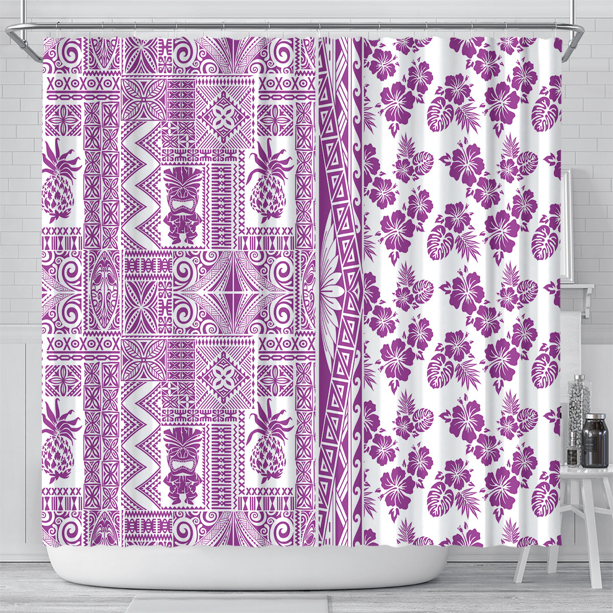 Hawaii Shower Curtain Aloha Tropical Plants Tribal Pattern Pink Version LT03 - Polynesian Pride