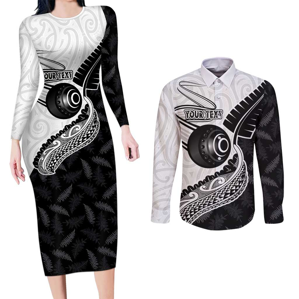 Personalised Aotearoa Lawn Bowls Couples Matching Long Sleeve Bodycon Dress and Long Sleeve Button Shirt Maori and Silver Fern Half Style LT03 White - Polynesian Pride
