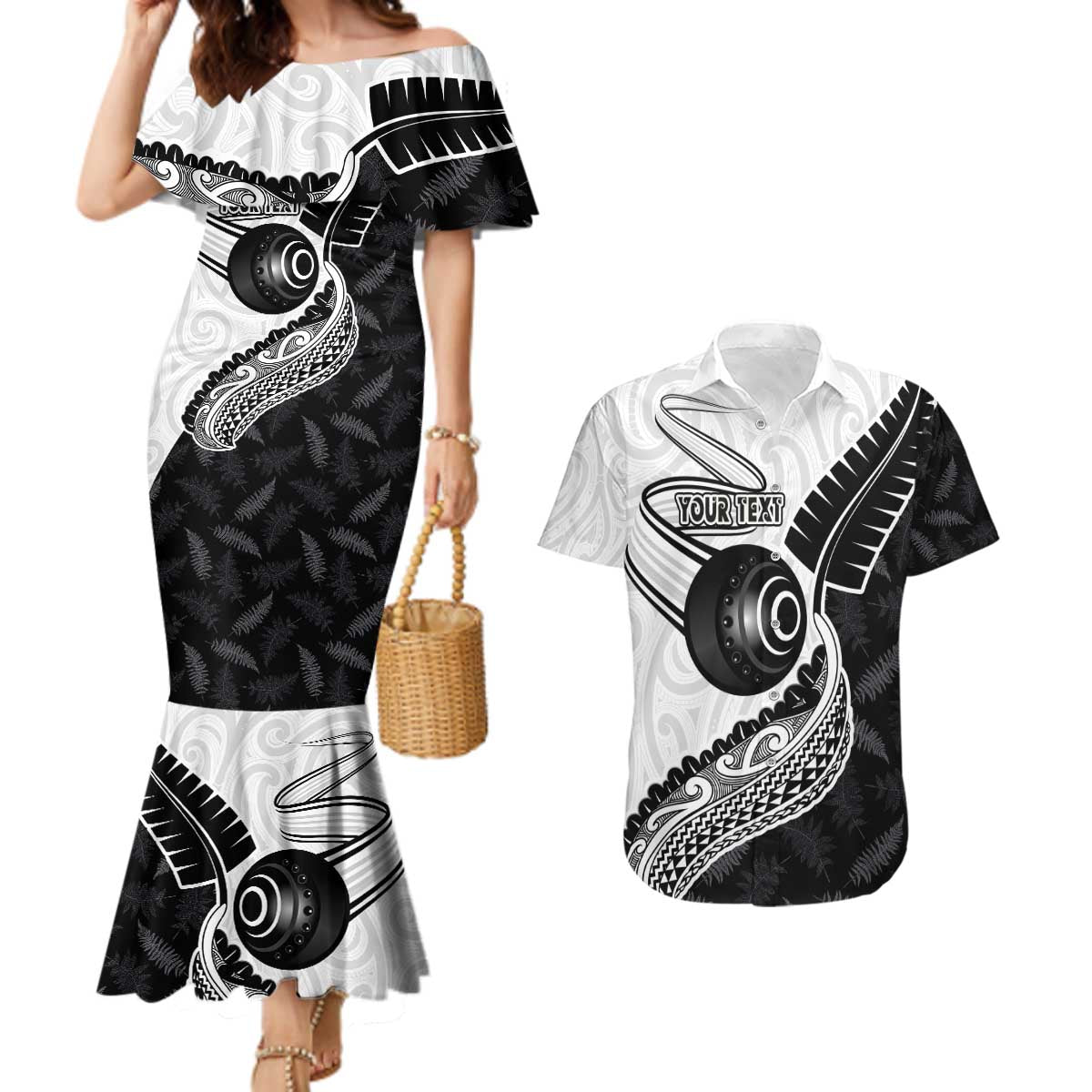 Personalised Aotearoa Lawn Bowls Couples Matching Mermaid Dress and Hawaiian Shirt Maori and Silver Fern Half Style - Polynesian Pride