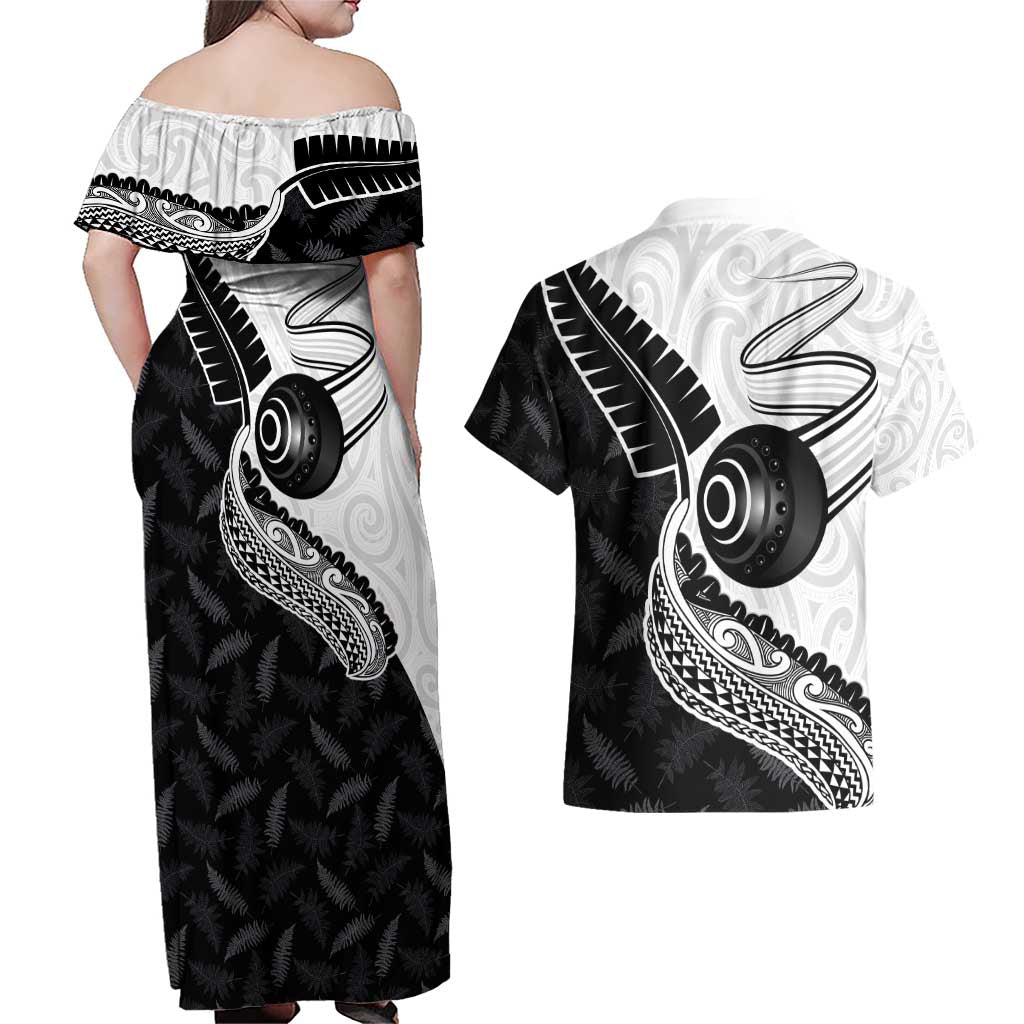 Personalised Aotearoa Lawn Bowls Couples Matching Off Shoulder Maxi Dress and Hawaiian Shirt Maori and Silver Fern Half Style - Polynesian Pride