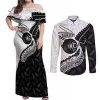 Personalised Aotearoa Lawn Bowls Couples Matching Off Shoulder Maxi Dress and Long Sleeve Button Shirt Maori and Silver Fern Half Style - Polynesian Pride