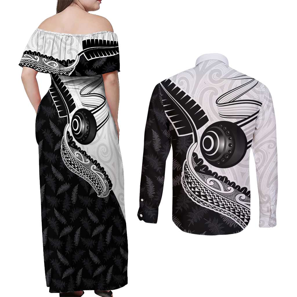 Personalised Aotearoa Lawn Bowls Couples Matching Off Shoulder Maxi Dress and Long Sleeve Button Shirt Maori and Silver Fern Half Style - Polynesian Pride
