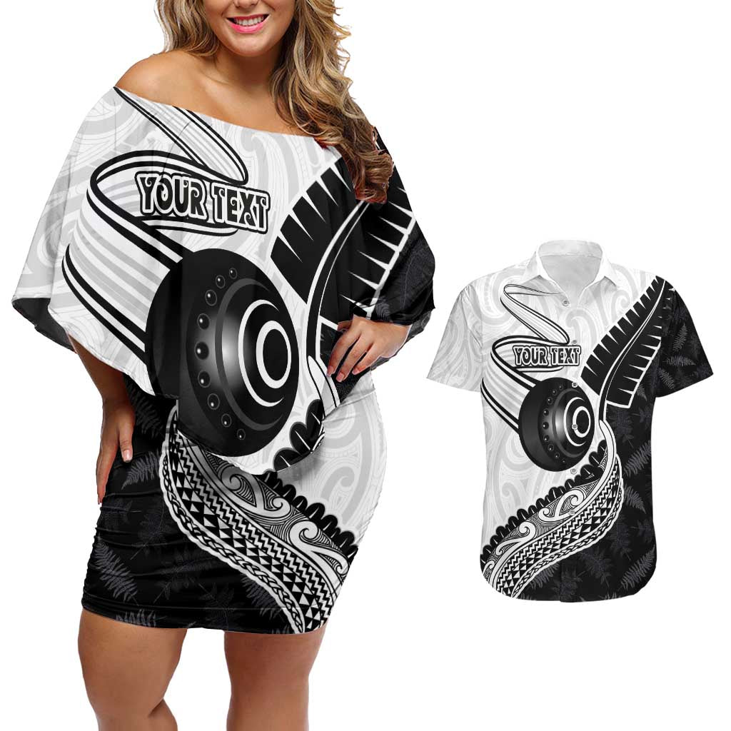 Personalised Aotearoa Lawn Bowls Couples Matching Off Shoulder Short Dress and Hawaiian Shirt Maori and Silver Fern Half Style - Polynesian Pride