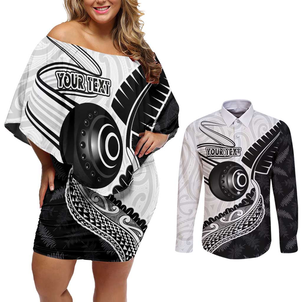 Personalised Aotearoa Lawn Bowls Couples Matching Off Shoulder Short Dress and Long Sleeve Button Shirt Maori and Silver Fern Half Style - Polynesian Pride