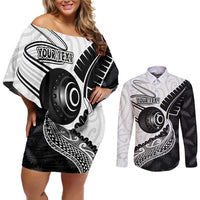 Personalised Aotearoa Lawn Bowls Couples Matching Off Shoulder Short Dress and Long Sleeve Button Shirt Maori and Silver Fern Half Style - Polynesian Pride