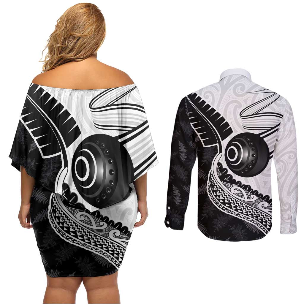 Personalised Aotearoa Lawn Bowls Couples Matching Off Shoulder Short Dress and Long Sleeve Button Shirt Maori and Silver Fern Half Style - Polynesian Pride