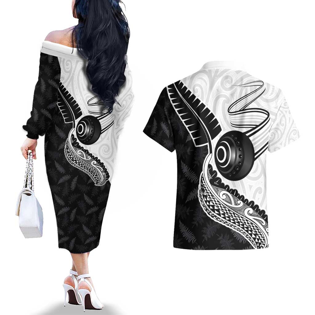 Personalised Aotearoa Lawn Bowls Couples Matching Off The Shoulder Long Sleeve Dress and Hawaiian Shirt Maori and Silver Fern Half Style - Polynesian Pride