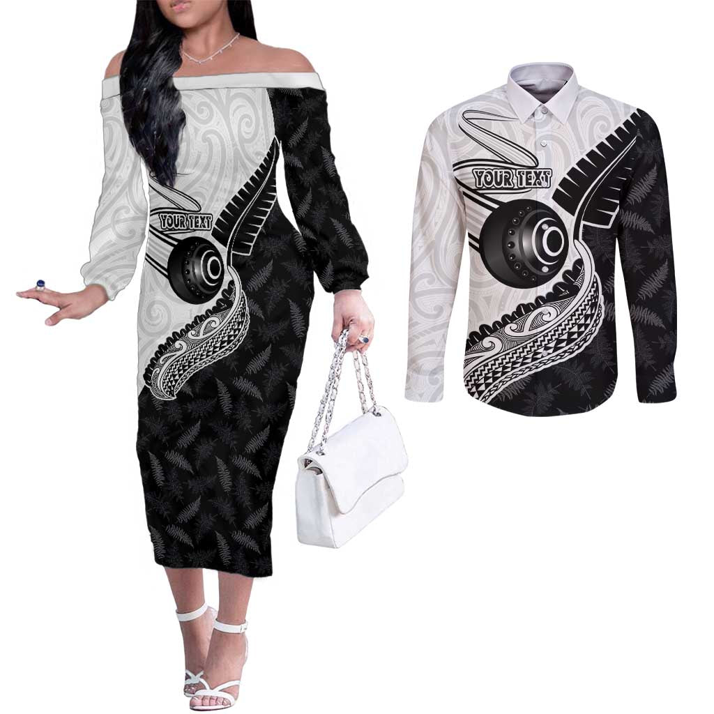 Personalised Aotearoa Lawn Bowls Couples Matching Off The Shoulder Long Sleeve Dress and Long Sleeve Button Shirt Maori and Silver Fern Half Style - Polynesian Pride