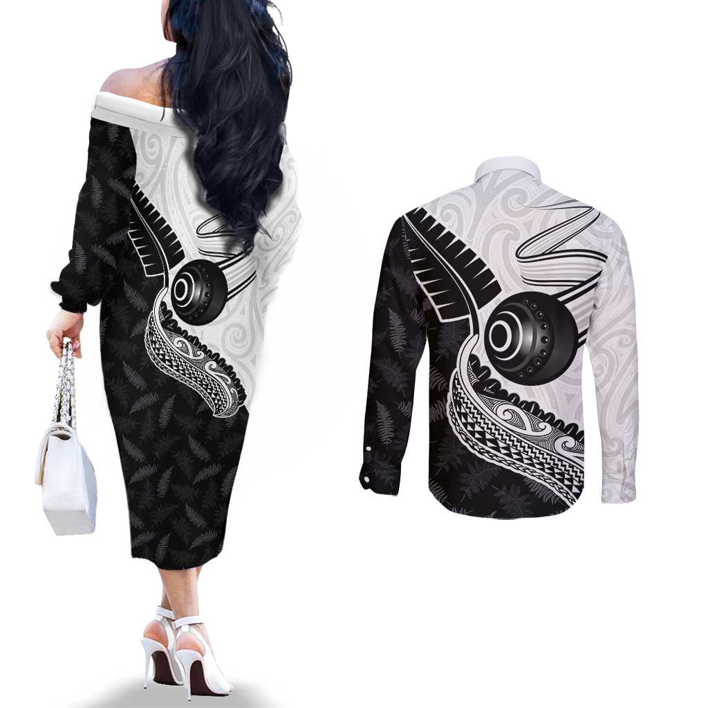 Personalised Aotearoa Lawn Bowls Couples Matching Off The Shoulder Long Sleeve Dress and Long Sleeve Button Shirt Maori and Silver Fern Half Style - Polynesian Pride