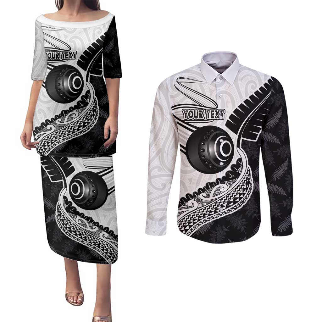 Personalised Aotearoa Lawn Bowls Couples Matching Puletasi and Long Sleeve Button Shirt Maori and Silver Fern Half Style - Polynesian Pride