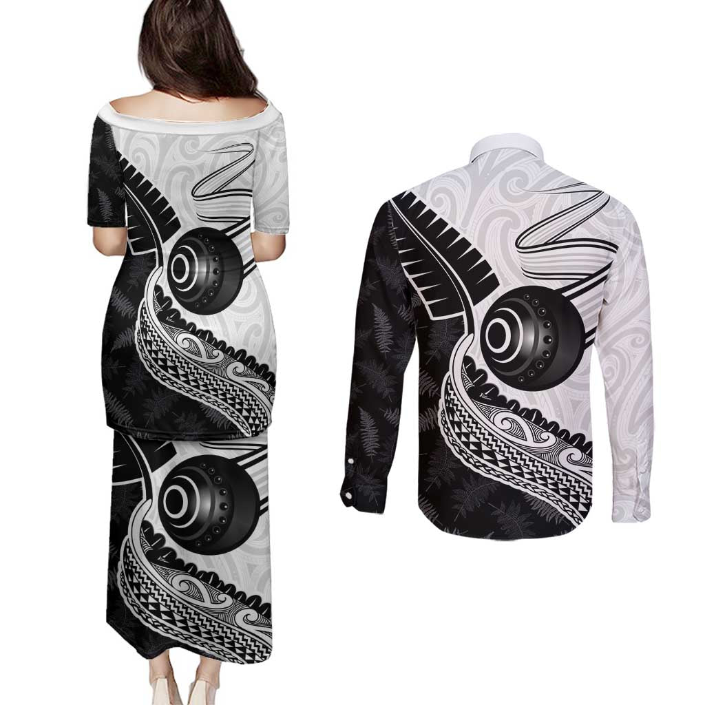 Personalised Aotearoa Lawn Bowls Couples Matching Puletasi and Long Sleeve Button Shirt Maori and Silver Fern Half Style - Polynesian Pride
