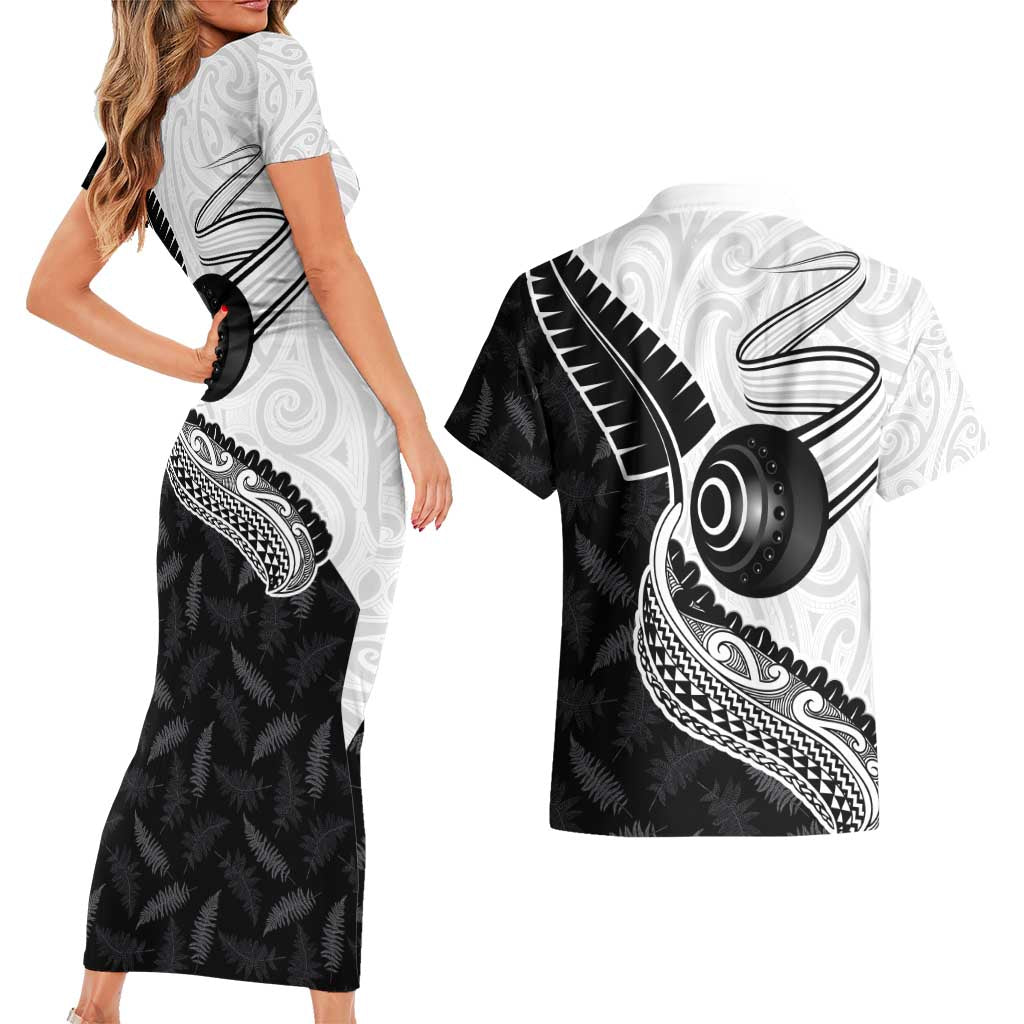 Personalised Aotearoa Lawn Bowls Couples Matching Short Sleeve Bodycon Dress and Hawaiian Shirt Maori and Silver Fern Half Style - Polynesian Pride
