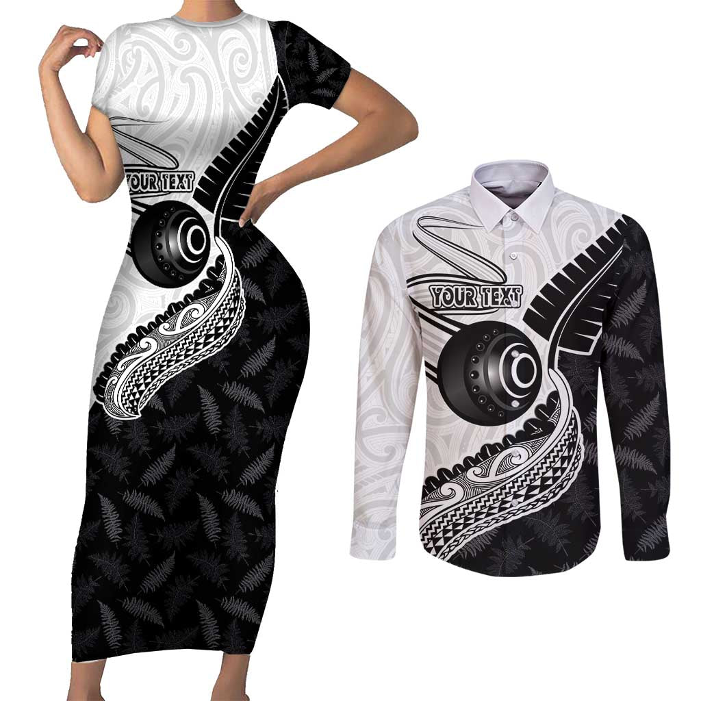 Personalised Aotearoa Lawn Bowls Couples Matching Short Sleeve Bodycon Dress and Long Sleeve Button Shirt Maori and Silver Fern Half Style - Polynesian Pride