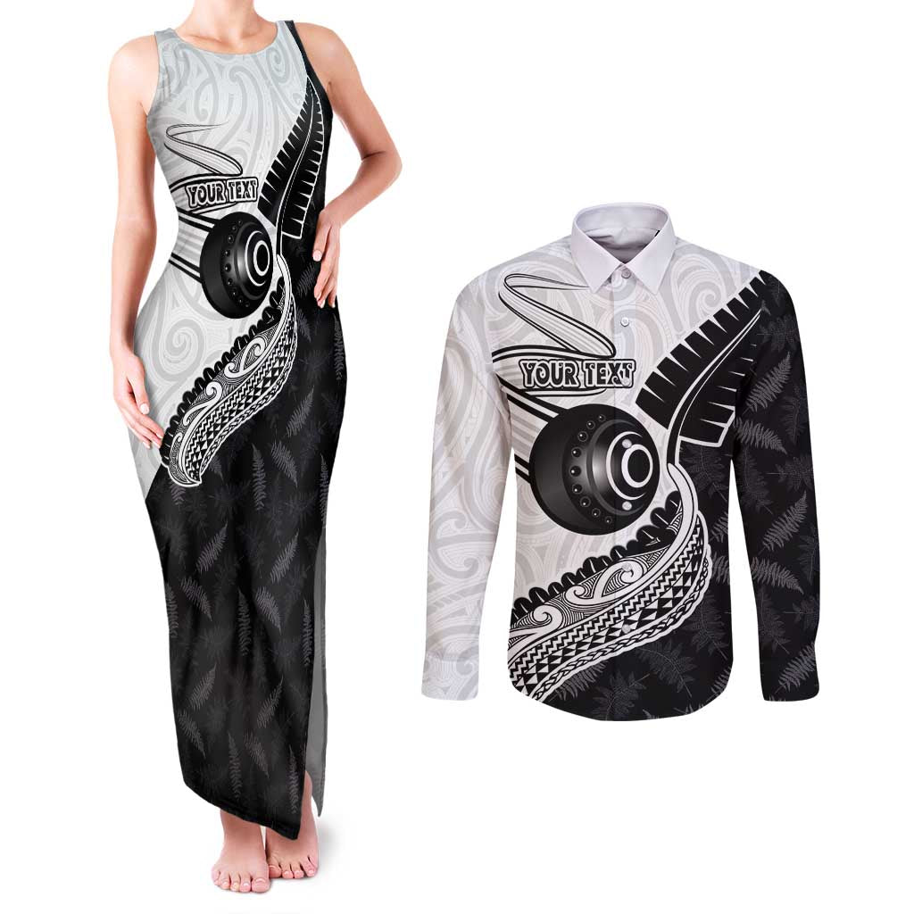 Personalised Aotearoa Lawn Bowls Couples Matching Tank Maxi Dress and Long Sleeve Button Shirt Maori and Silver Fern Half Style LT03 White - Polynesian Pride