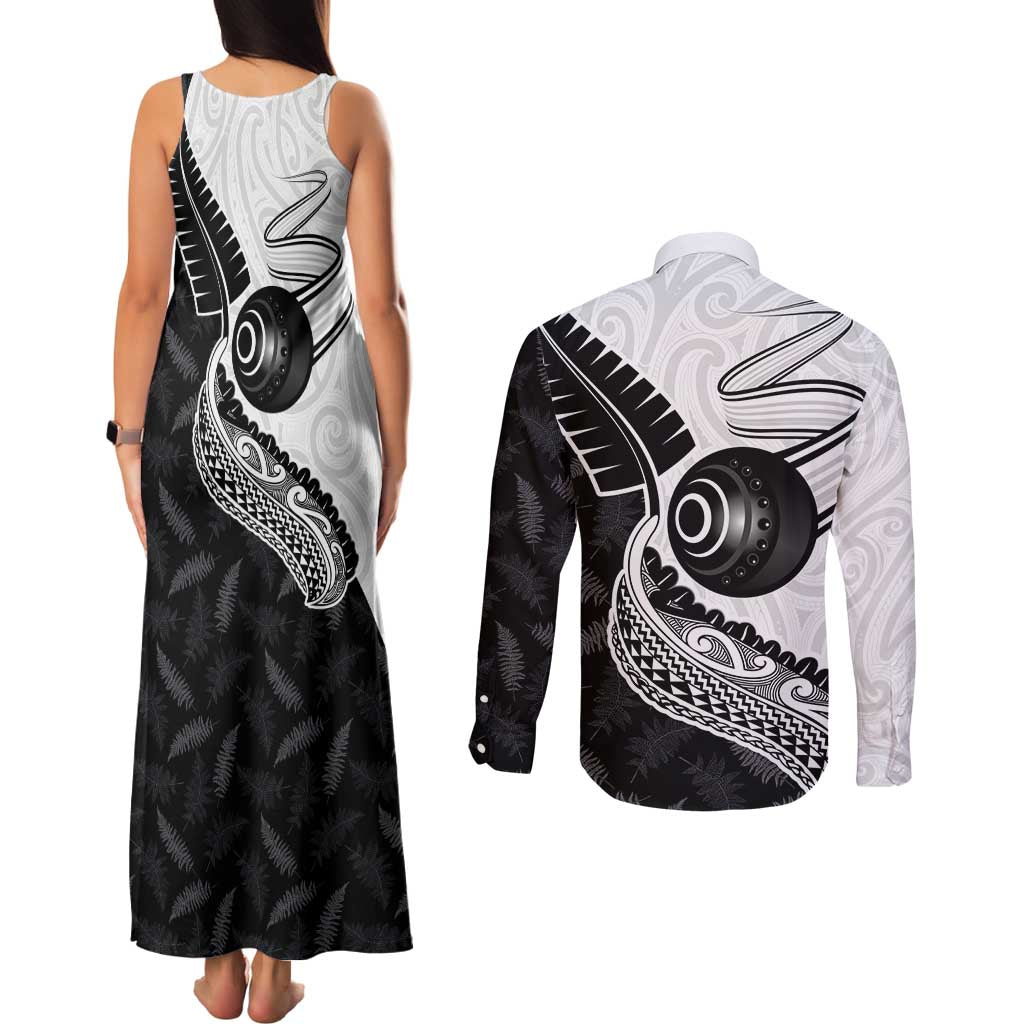 Personalised Aotearoa Lawn Bowls Couples Matching Tank Maxi Dress and Long Sleeve Button Shirt Maori and Silver Fern Half Style - Polynesian Pride