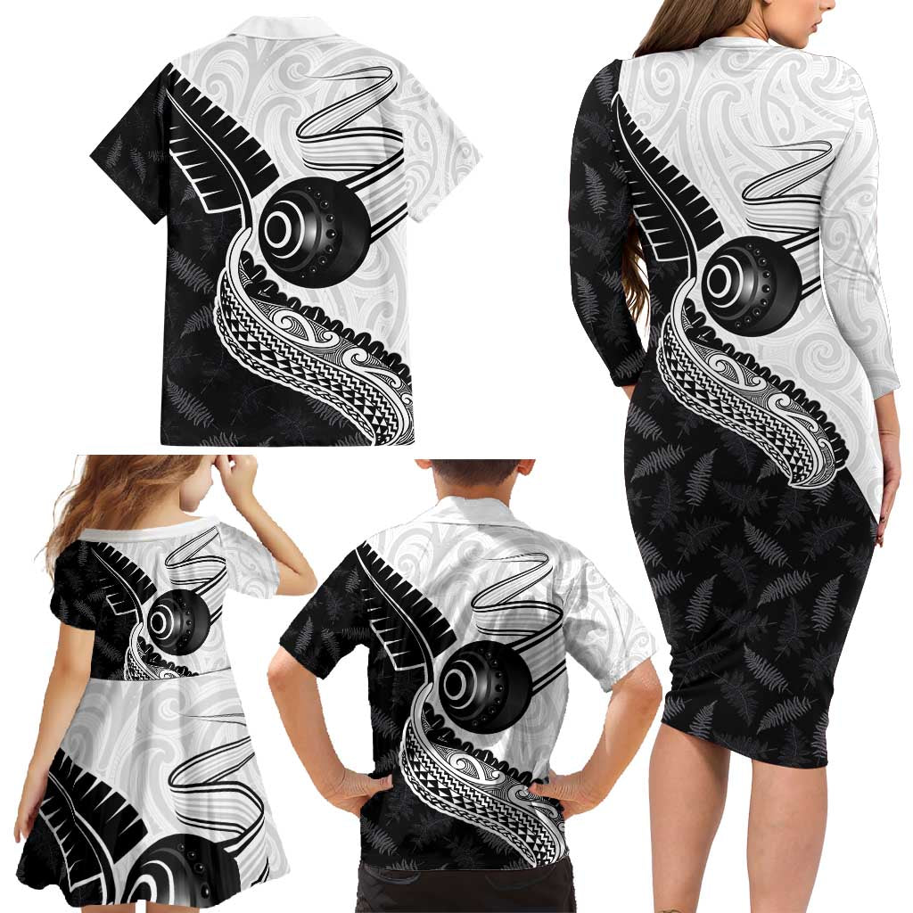 Personalised Aotearoa Lawn Bowls Family Matching Long Sleeve Bodycon Dress and Hawaiian Shirt Maori and Silver Fern Half Style - Polynesian Pride