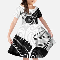 Personalised Aotearoa Lawn Bowls Family Matching Off The Shoulder Long Sleeve Dress and Hawaiian Shirt Maori and Silver Fern Half Style - Polynesian Pride