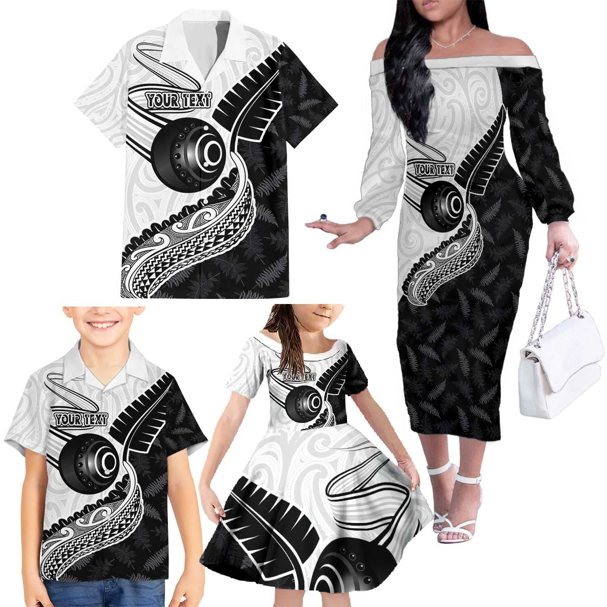 Personalised Aotearoa Lawn Bowls Family Matching Off The Shoulder Long Sleeve Dress and Hawaiian Shirt Maori and Silver Fern Half Style - Polynesian Pride