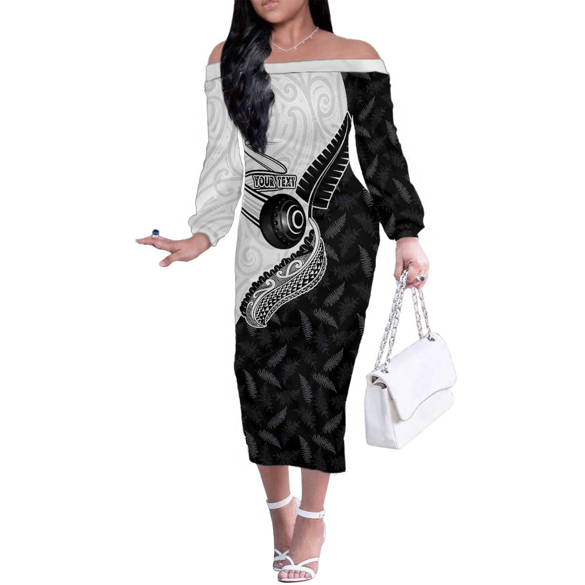 Personalised Aotearoa Lawn Bowls Family Matching Off The Shoulder Long Sleeve Dress and Hawaiian Shirt Maori and Silver Fern Half Style - Polynesian Pride