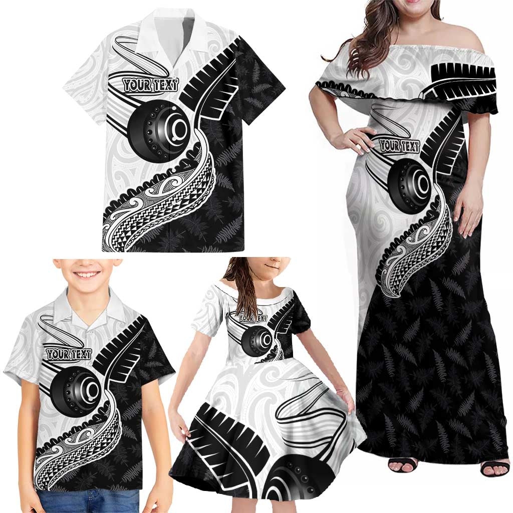 Personalised Aotearoa Lawn Bowls Family Matching Off Shoulder Maxi Dress and Hawaiian Shirt Maori and Silver Fern Half Style - Polynesian Pride