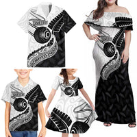 Personalised Aotearoa Lawn Bowls Family Matching Off Shoulder Maxi Dress and Hawaiian Shirt Maori and Silver Fern Half Style - Polynesian Pride