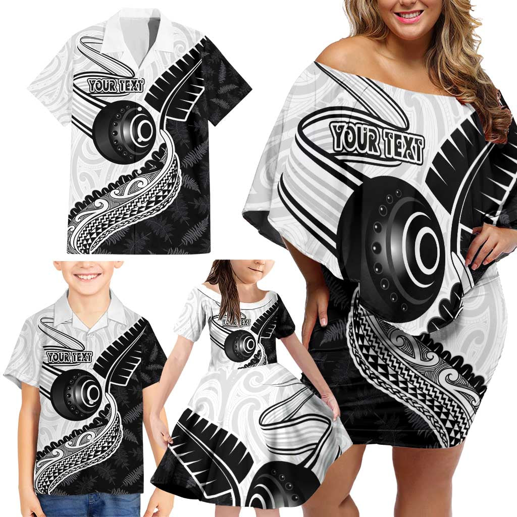 Personalised Aotearoa Lawn Bowls Family Matching Off Shoulder Short Dress and Hawaiian Shirt Maori and Silver Fern Half Style - Polynesian Pride