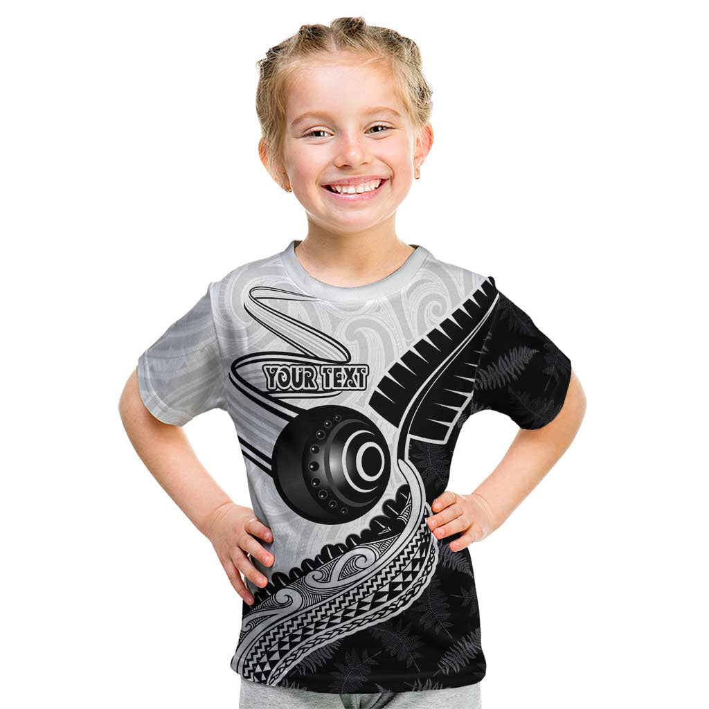 Personalised Aotearoa Lawn Bowls Kid T Shirt Maori and Silver Fern Half Style LT03 White - Polynesian Pride