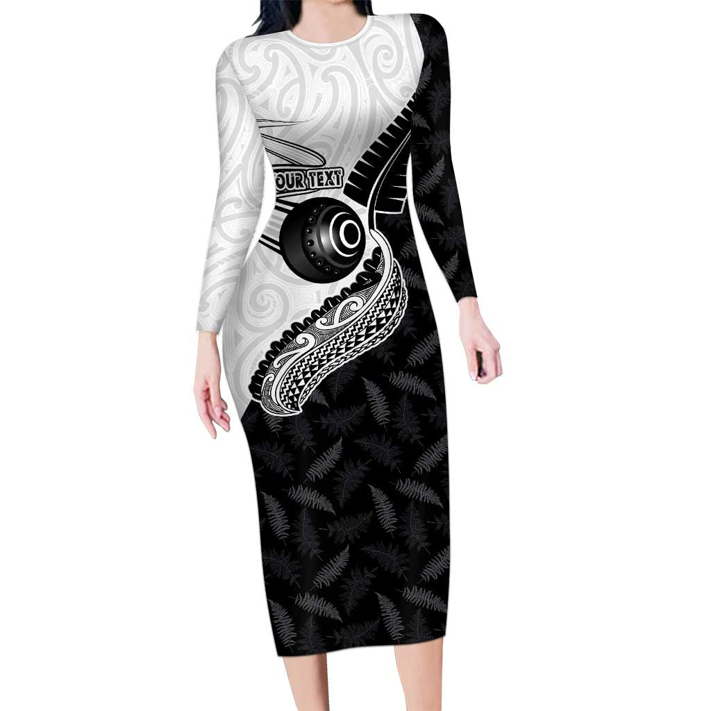 Personalised Aotearoa Lawn Bowls Long Sleeve Bodycon Dress Maori and Silver Fern Half Style LT03 Long Dress White - Polynesian Pride