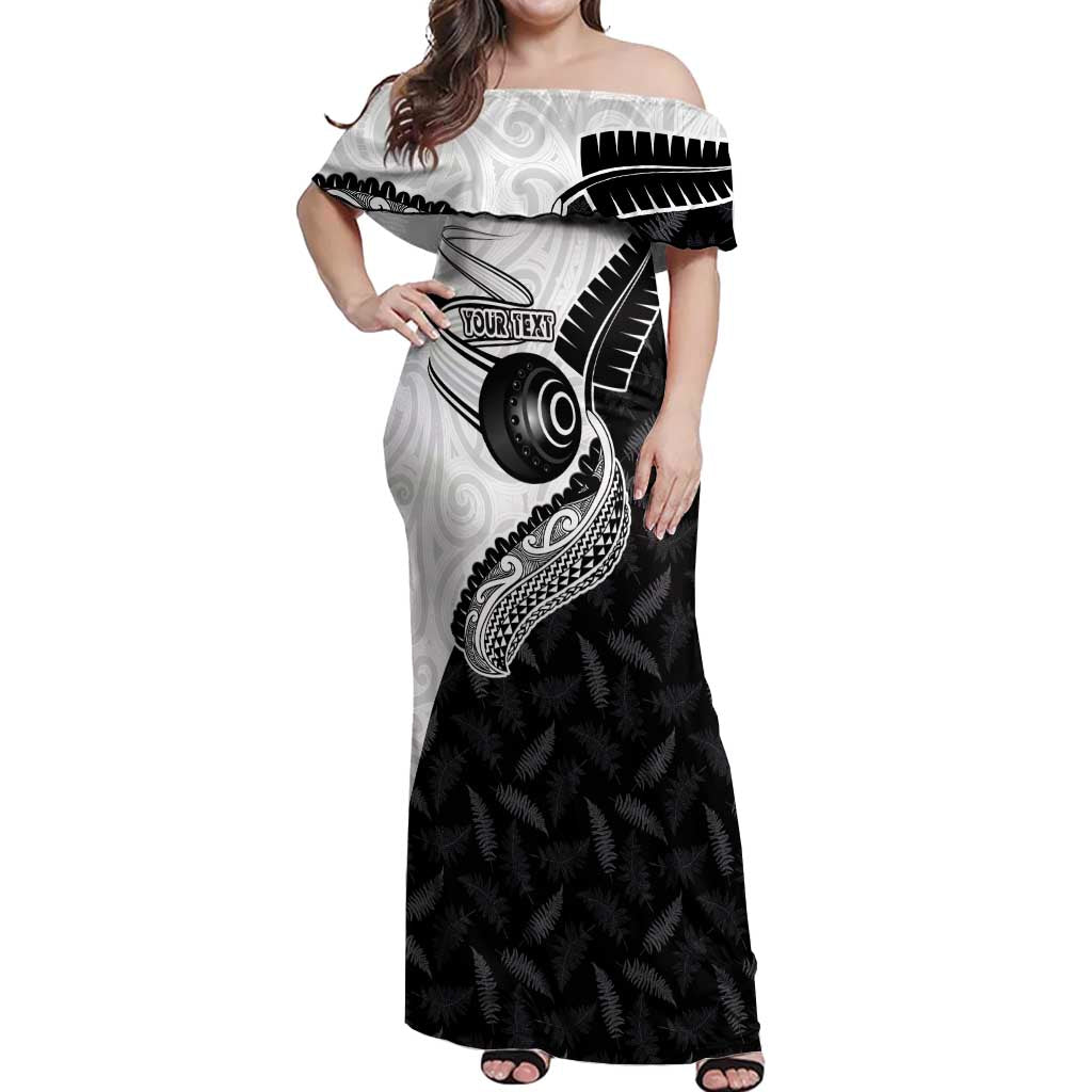 Personalised Aotearoa Lawn Bowls Off Shoulder Maxi Dress Maori and Silver Fern Half Style LT03 Women White - Polynesian Pride