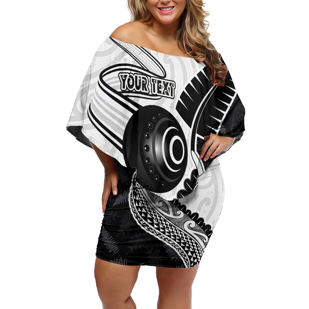Personalised Aotearoa Lawn Bowls Off Shoulder Short Dress Maori and Silver Fern Half Style LT03 Women White - Polynesian Pride