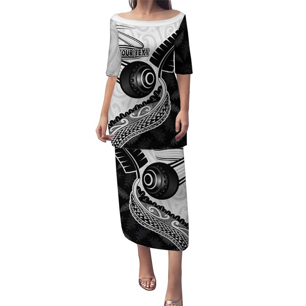 Personalised Aotearoa Lawn Bowls Puletasi Maori and Silver Fern Half Style LT03 Long Dress White - Polynesian Pride
