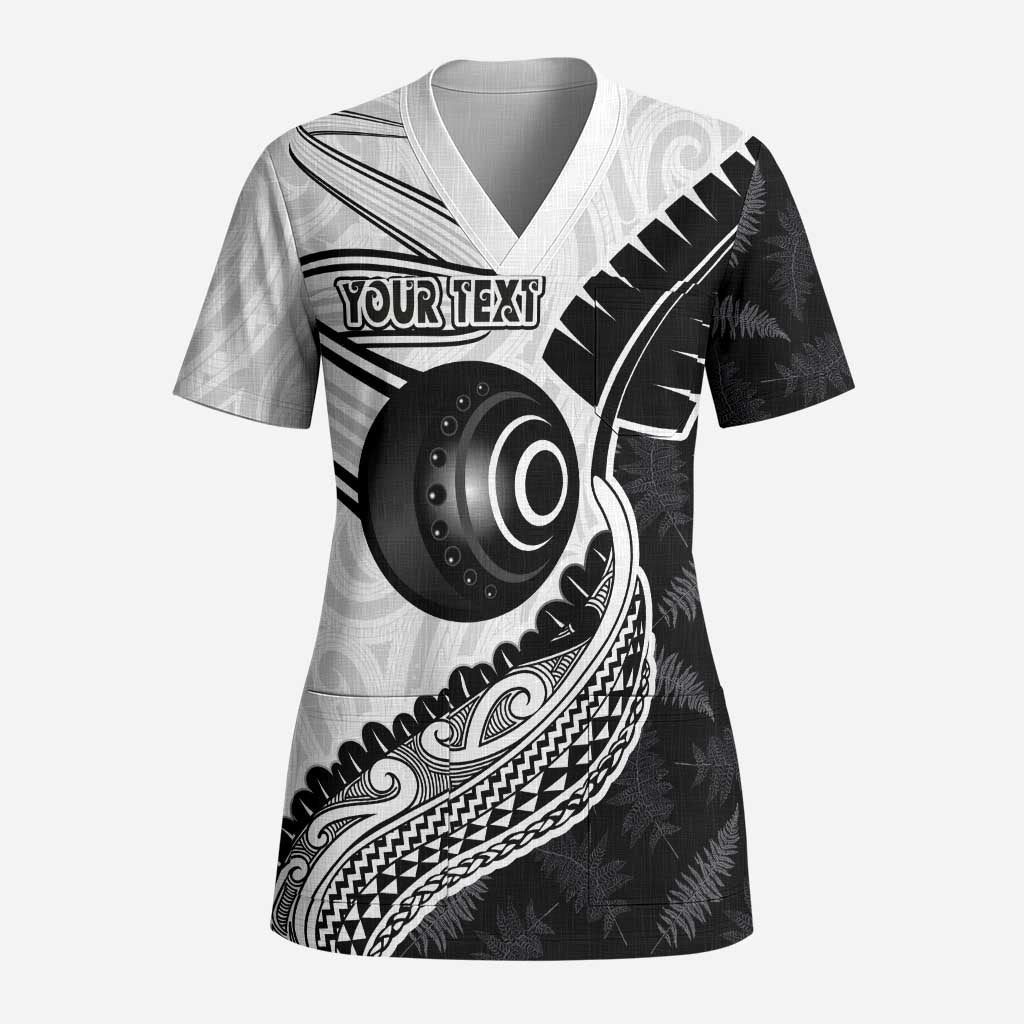 Personalised Aotearoa Lawn Bowls Scrub Top Maori and Silver Fern Half Style LT03 Adult White - Polynesian Pride