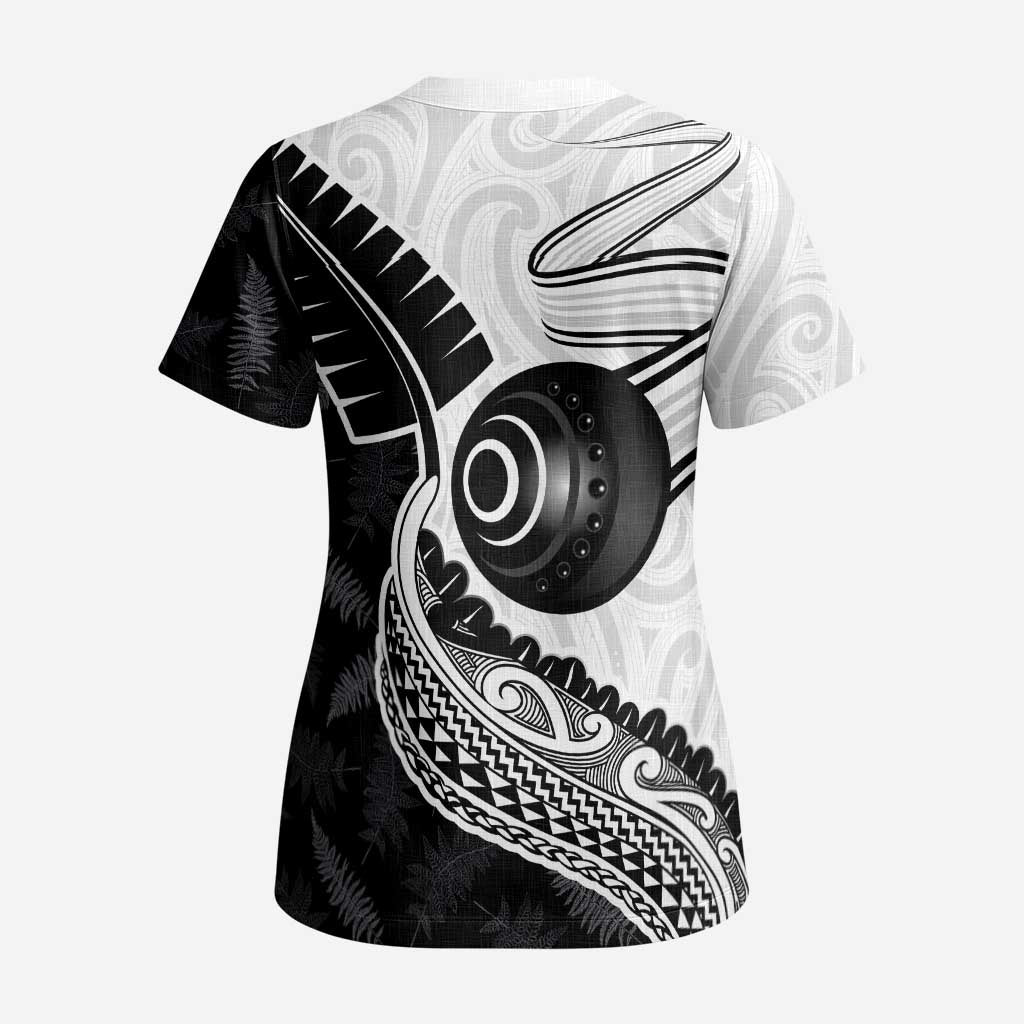 Personalised Aotearoa Lawn Bowls Scrub Top Maori and Silver Fern Half Style - Polynesian Pride