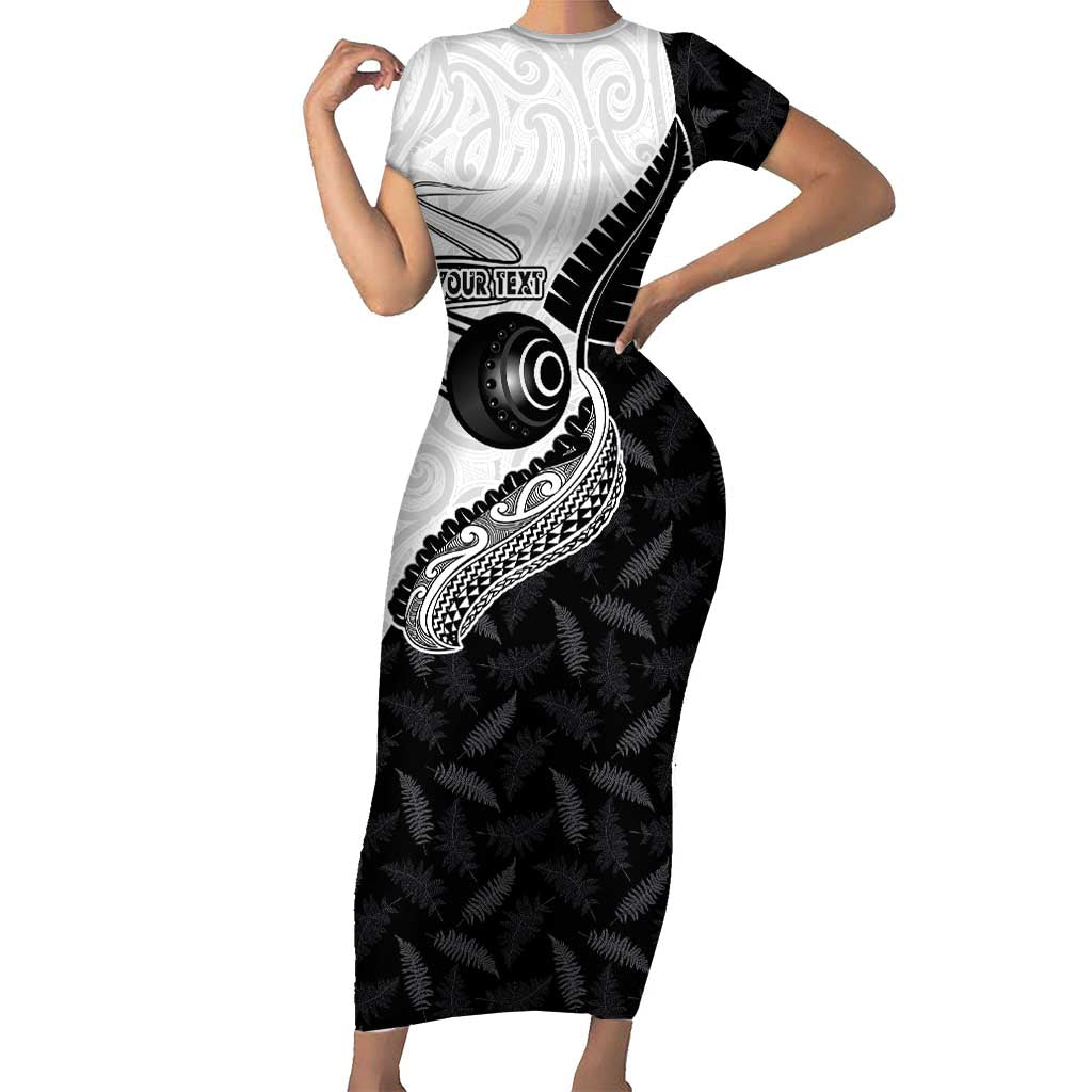 Personalised Aotearoa Lawn Bowls Short Sleeve Bodycon Dress Maori and Silver Fern Half Style LT03 Long Dress White - Polynesian Pride