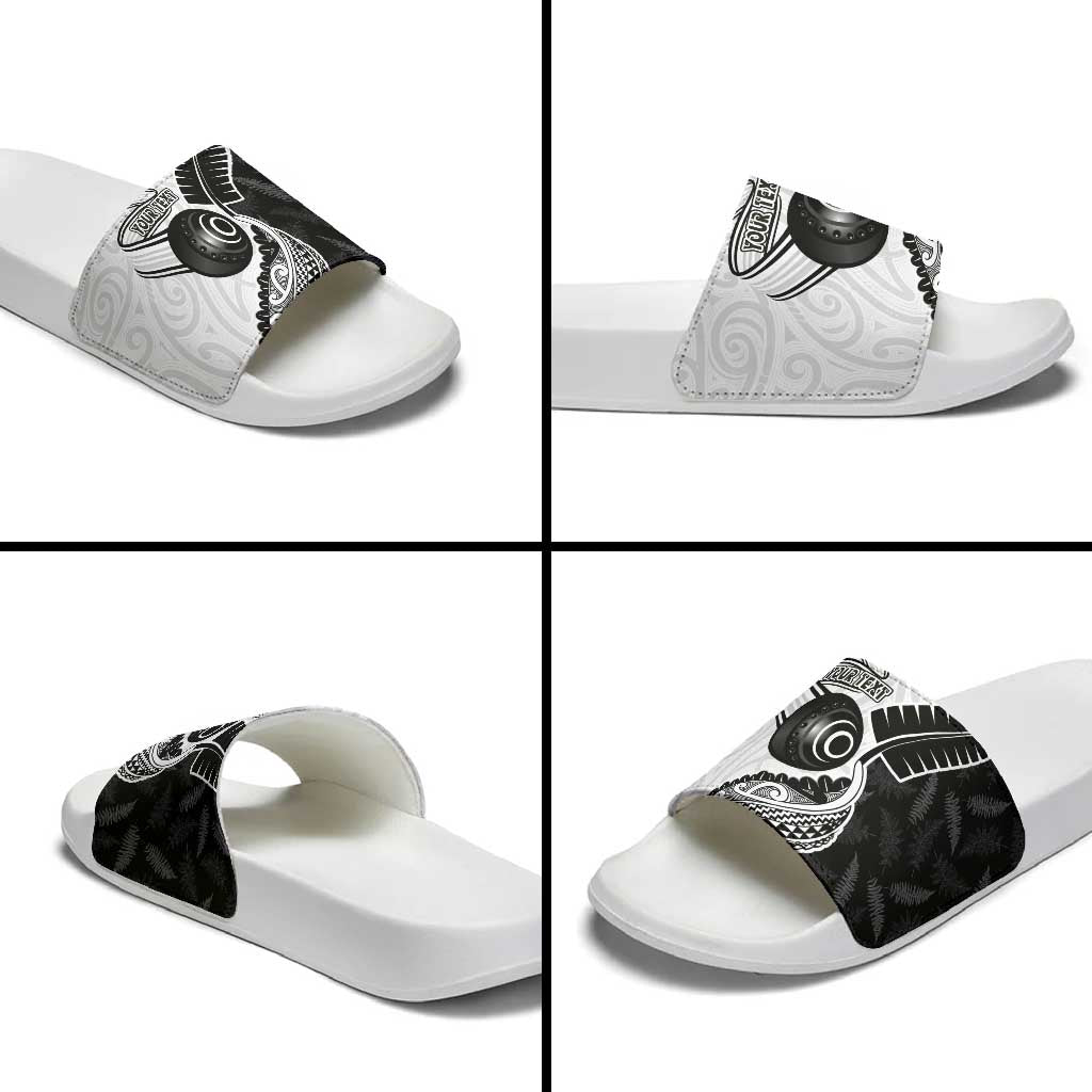 Personalised Aotearoa Lawn Bowls Slide Sandals Maori and Silver Fern Half Style - Polynesian Pride
