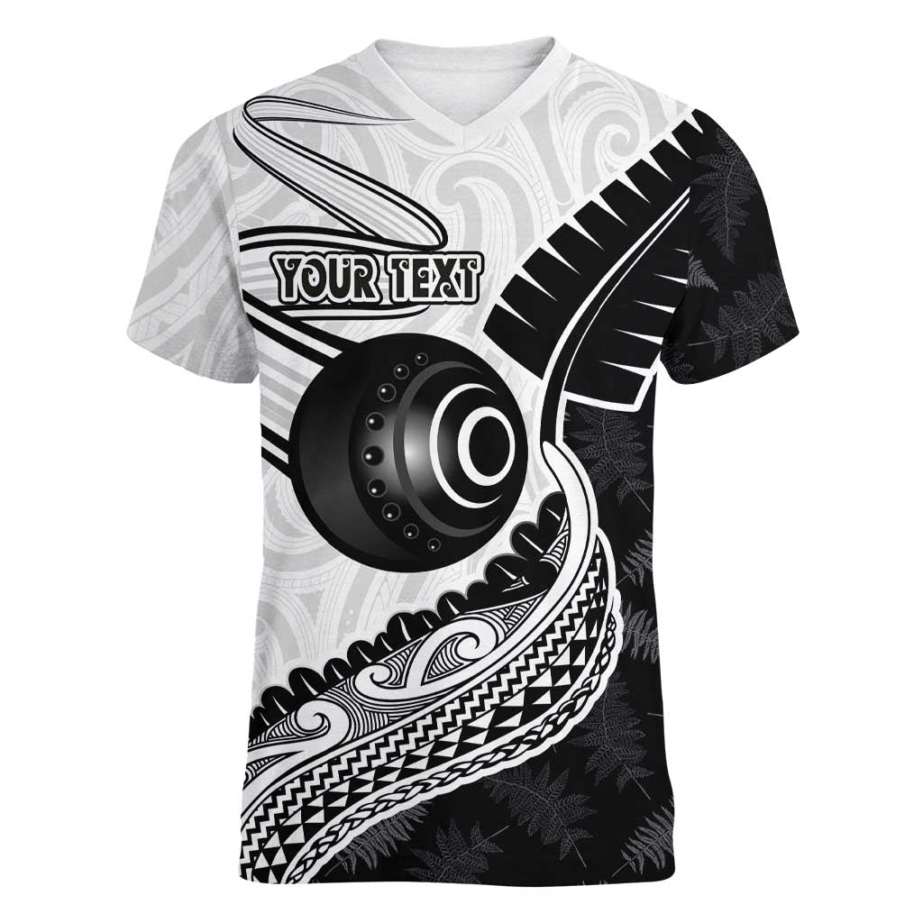 Personalised Aotearoa Lawn Bowls Women V-Neck T-Shirt Maori and Silver Fern Half Style - Polynesian Pride